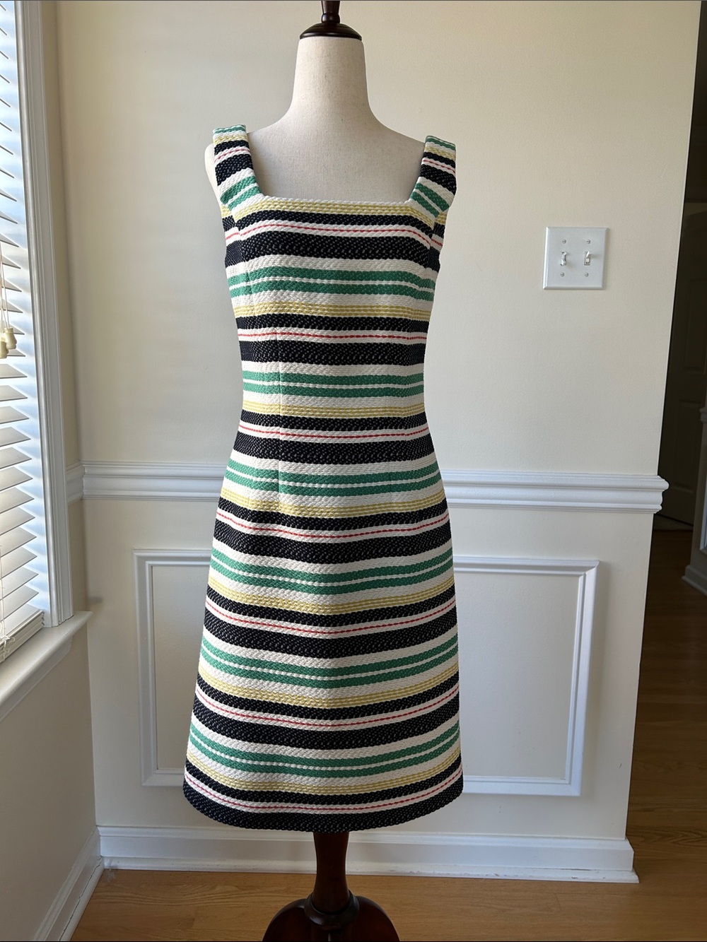 Brooks Brothers Striped Square-Neck Midi Dress in Black, Green & Cream